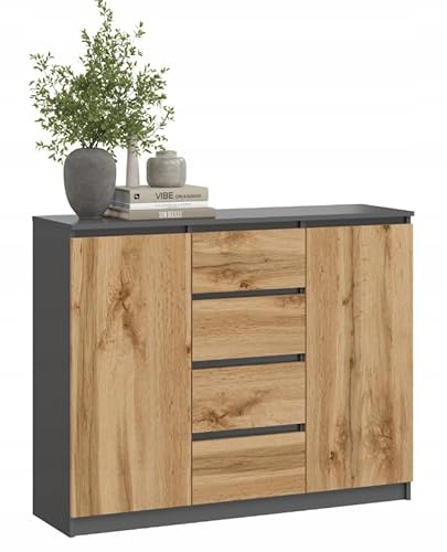 BDW - Kommode mit Schubladen - Sideboard Wohnzimmer - 120cm breit, 97cm hoch - für Schlafzimmer, Kinderzimmer, Jugendzimmer, Flur - aus solider laminierter Möbelplatte - COCO Graphit/Eiche Wotan 2D4SZ