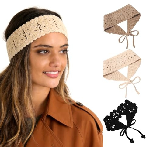 Floruvia 3er Set Hippie Stirnbänder für Frauen, Boho Haarband Gestrickte Kopfband Floral Head Wrap für Frauen und Mädchen (Schwarz+Beige+Kaffee)