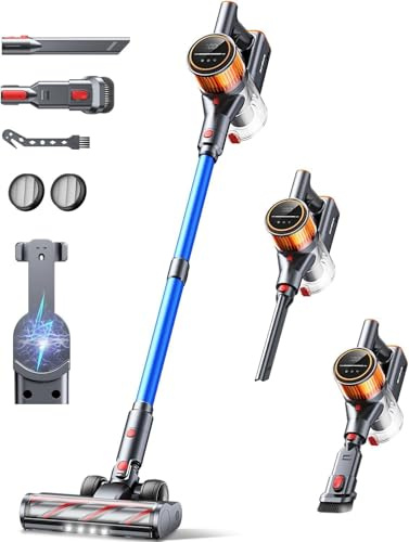 SunSare Akku Staubsauger Kabellos 550W/45000Pa/60min Laufzeit, Kabelloser Staubsauger mit Ladestation, Leichter Freistehend Akkustaubsauger, Super Leise Akkusauger für Hartböden Teppiche Tierhaare