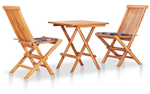 LoogCape 3-TLG. Bistro-Set, Massivholz Teak, Rot Karomuster Kissen, klappbar, 60x60x65 cm, für Garten, Terrasse, Balkon, wetterfest, Outdoor & Indoor Möbel