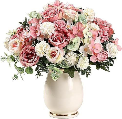 NIFTYY 2 Bunches Artificial Flowers, Realistic Fake Peonies & Roses Bouquet with Filler, Faux Silk Flowers for Home Decor, Wedding Party, Table Centerpiece, Indoor Outdoor (Pink)