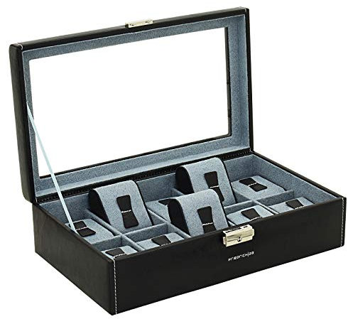 Friedrich|23, Uhrenkasten, Für 10 Uhren, Leder-Optik, Mit Glasdeckel, 30 x 17 x 8,5 cm, Abschließbar, Bond, Feinsynthetik, Schwarz, 20084-2