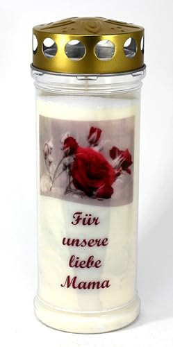 Grabkerze Mama, Motiv Rose, (21x7,5 cm) Grablicht mit 7 Tage Brenndauer (3814), Wetterfestes Trauerlicht mit Deckel, Hochwertige Trauerkerze, Edle Gedenkkerze aus Deutschland
