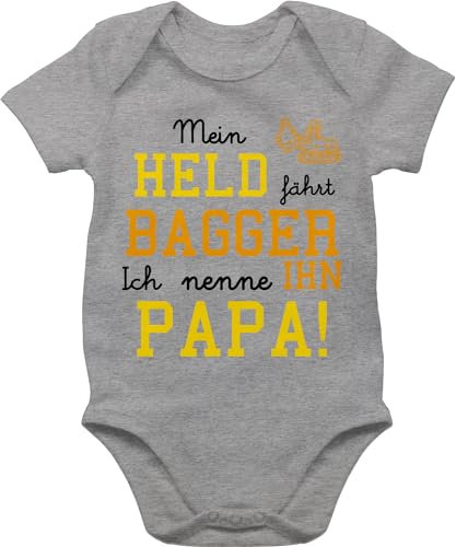 Baby Body Junge Mädchen - Sprüche - Mein Held fährt Bagger - 3/6 Monate - Grau meliert - kleidung mit babymode witzig spruch dad bodys babygeschenk spruche papa strampler babygeschenke sprüchen