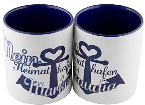 Geschenke 24 Tassen Set Heimathafen (blau - blau) - Tasse Maritim für Freunde oder Partner – Tasse Anker, Ebbe und Flut - Valentinstagsgeschenk, Geburtstagsgeschenk