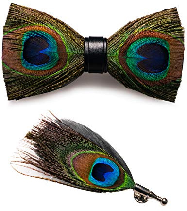 JEMYGINS - Papillon da uomo fatto a mano (regolabile) e piuma in diversi colori + scatola in legno Pavone M