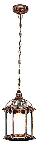 Memnk Lámpara de linterna colgante al aire libre Lámpara de techo clásica europea Colgante de iluminación de isla Casa de campo Farol vintage Lámpara colgante de porche en bronce frotado con aceite E2