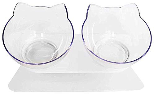 Double Cat Bowl with Raised Stand, Cat Bowl Pet Food Feeder,15° Tilted Anti-Slip Transparent Cat Food and Water Bowl, Protect Pets Cervical Vertebra, Detachable Pet Bowl for Cats and Dogs