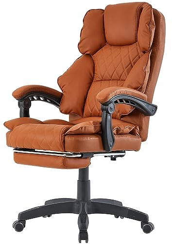 Bürostuhl mit Fußstütze und flexiblen 3-Punkt-Armlehnen - Schreibtischstuhl im Lederoptik-Design - ergonomischer Bürosessel mit verstellbaren Rückenlehne für gesündere Sitzhaltung, Farbe:Braun