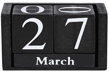 Ewiger Kalender Holz mit Würfeln Vintage Schreibtisch, Schwarz | Manuelle Monats- und Datumsanzeige durch drehbare Blöcke, Würfel mit Zahlenprägung, Holzkalender für Café Büro Wohnbereich