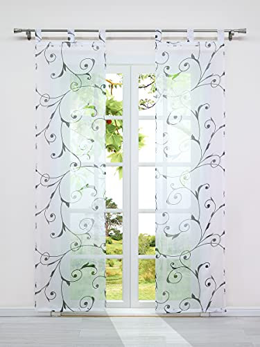 HeichkelL Schiebegardinen Schlaufen 2er Set Voile Flächenvorhang Ranken Floral Motive Schiebevorhang inkl. Beschwerungszubehör Fensterstores Raumteiler 2 Stück BxH 57x145 cm Schwarz