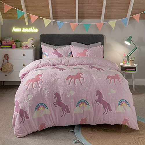 Sleepdown Bettwäsche-Set für Kinder, leuchtet im Dunkeln, Regenbogen-Fleece, warm, gemütlich, superweich, mit Kissenbezug, 135 x 200 cm, Rosa