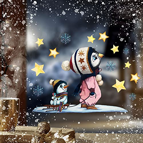 Fensterbild Weihnachtsdeko Weihnachten Pinguin mit Schneemann Schlitten wiederverwendbar Winter Fensterdeko Fensterbilder Kinder Zimmer bf162 ilka parey wandtattoo-welt®