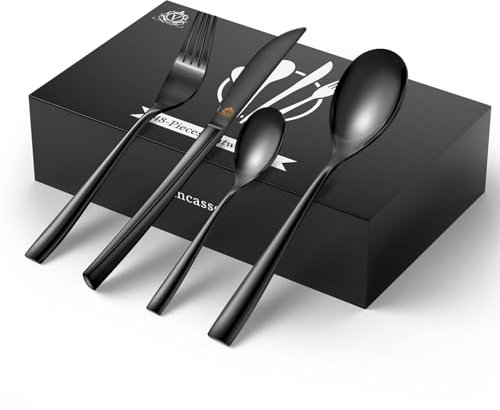 vancasso Besteck Set Schwarz 12 Personen, 18/10 Besteckset mit Messer/Gabel/Löffel/Dessertlöffel, 48-pcs Besteck mit Griff, Besteck Poliert mit Geschenkbox, Modernem und Schlichtem Design