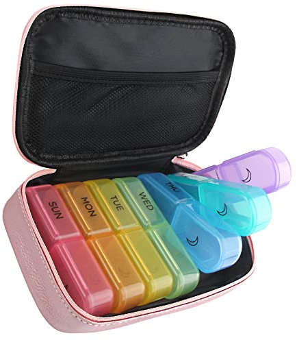 Pillendose 7 Tage 2 Fächer Groß Tablettenbox Morgens Abends Tragbare PU Leder Pillentasche mit Reißverschluss Medikamentenbox Wochenbox für Medikamente Kapsel Vitamine Fischöl (Rosa)