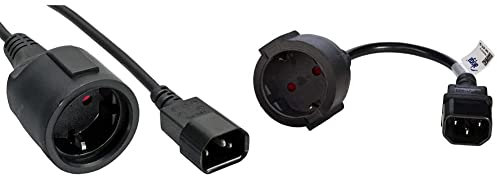 InLine 16659K Netz Adapter Kabel, Kaltgeräte C14 auf Schutzkontakt Buchse, für USV, 0,5m & AKYGA AK-PC-10A Netzkabel Schuko 3 Pin Polig IEC C14 / EU CEE 7/4 15cm, Schwarz