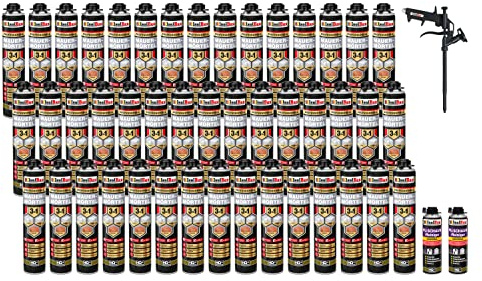 Isolbau Mauermörtel Set: 60x 750 ml PU-Mörtel 2x 500 ml Pistolenreiniger 1x Teflon Schaumpistole, PU-Reiniger, Montageschaum, Pistolenschaum