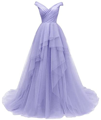 TSxuelian Vestido largo de tul con hombros descubiertos para mujer, vestido largo de dama de honor, vestido de fiesta de baile, Lila, 54