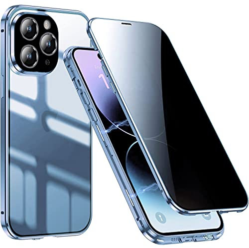 QiiStar Privacy Case for iPhone 13 Pro Max,Front and Back 360° Full Body Cover Metal Bumper Anti-peeping Screen with Crystal Clear Back Double-sided Tempered Glass Magnetic Case - Blue
