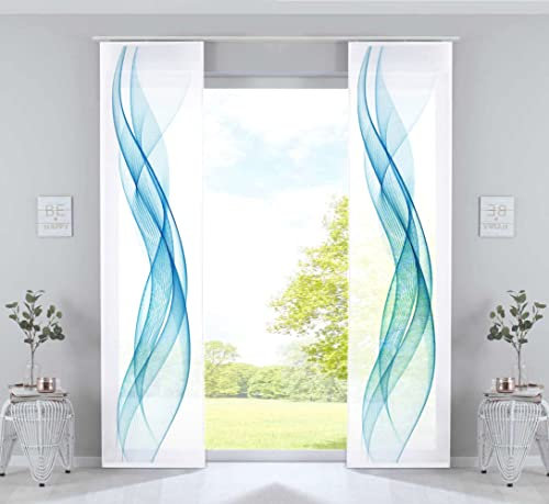 Gardinenbox 2er Set Schiebevorhänge Bedruckt Flächenvorhänge »Izmir« HxB 245x60 cm Welle Blau Microsatin Blickdicht Lichtdurchlässig mit Paneelwagen, 2022400B-2