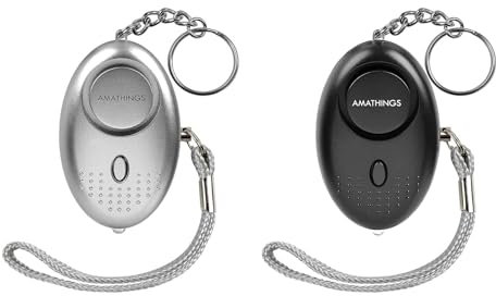 AMATHINGS 2er Set Taschenalarm Schwarz / Silber 140 dB Schlüsselanhänger Alarm mit LED-Licht – Panikalarm Schlüsselanhänger zur Selbstverteidigung – Alarmgeräte für die Handtasche