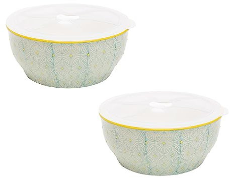 Tranquillo 2er Set Schüssel Art Deco handgestempelt aus Steinzeug, Silikondeckel, stilvolle und praktische Aufbewahrung für Lebensmittel türkis, 18,5 cm