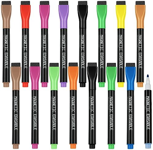 OFFCUP Magnetic Dry Erase Markers, 16pcs Whiteboard Pens With Eraser Cap, Fine Tip For Kids (Multicolor)