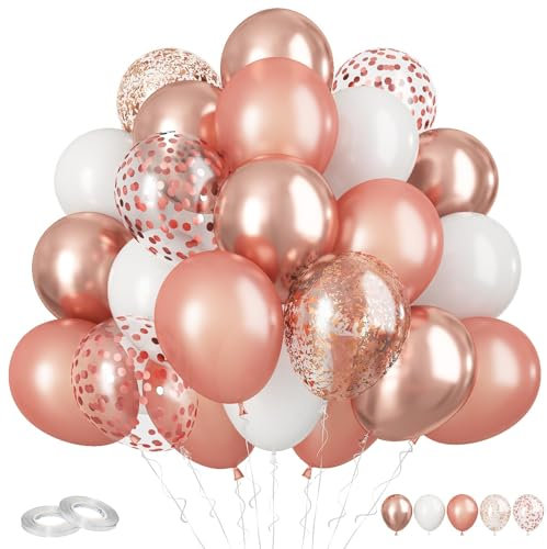 FunHot Rose Gold and White Balloons, 60Pcs Pearl Rose Gold Balloons, 12 Inch Metallic Rose Gold Confetti Balloons Helium Rose Gold Latex Balloons for Baby Shower Wedding Birthday Party Decorations