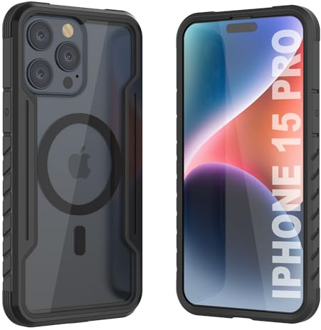 Punkcase Schutzhülle für iPhone 15 Pro [Armor Stealth-Serie], militärische Qualität, mit Aluminiumrahmen, transparente Rückseite, ultimativer Fallschutz für iPhone 15 Pro (6,1 Zoll) (2023), Schwarz