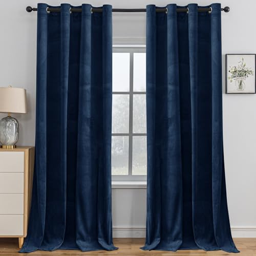 YSTELLAA Gardinen Samt 2er Set, 140×160 cm, Verdunklungsvorhänge Mit Ösen, Vorhang Blickdicht Wohnzimmer Modern, Thermovorhang Schlafzimmer, Schallschutz Vorhang, Blackout Curtain, Blau