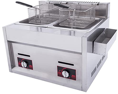 AOKLEY 6L/10L Double Deep Fryer,Professional Gas Fryer,Commercial Double Gas Fryer with Two Baskets,Fryer Chip Frying Machine for Quick Service Restaurants Snack Bars,10L