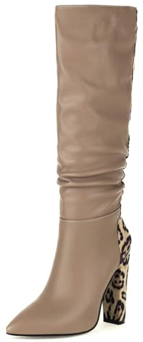 Lroey Reoly Stivali Alti Al Ginocchio da Donna con Tacco Largo, Stivali Morbidi Appuntito Tacco Alto Stivali Alti Senza Chiusura Leopard Print, G9476Ij Apricot Numero 37 EU