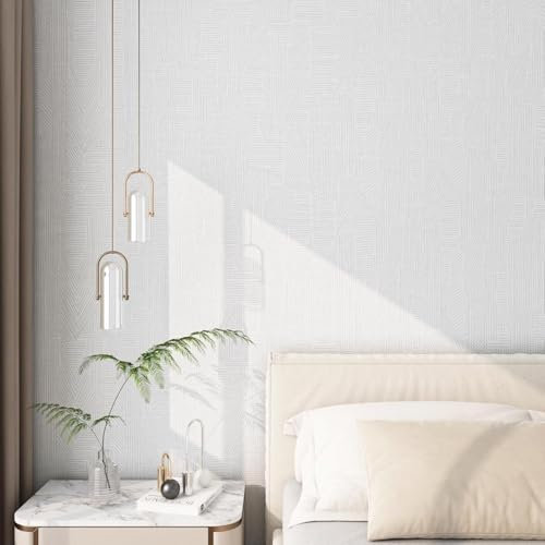 FunStick 40CM×12M Textured Vinyl Wallpaper White Grey Kitchen Wallpaper Patterned Vinyl Wrap for Furniture Grey and White Sticky Back Plastic Roll for Shelves Washable Grey and White Stripe Wallpaper