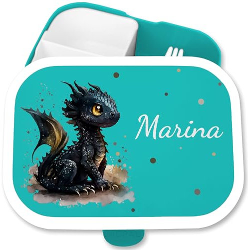 Brotdose Kinder Campus für Mepal - Brotbox süßer Drache mit Namen Lunchbox Nachtdrache Vesperbox Dragon I Drachen I Drachenzähmen - 750 ml - Türkis - personalisierte dragons name brotbüchse