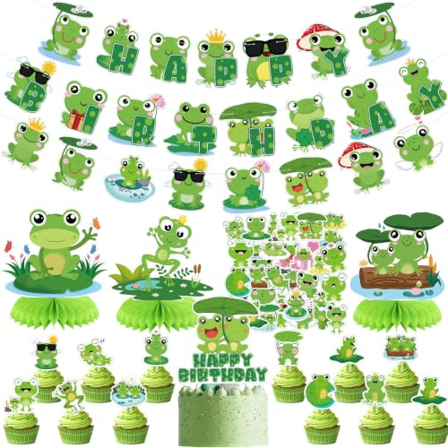 Frosch Geburtstag Party Dekorationen, Frosch Party Supplies, Happy Birthday Banner, Banner, Cake Topper, Aufkleber für Baby Shower Boy Kid Summer