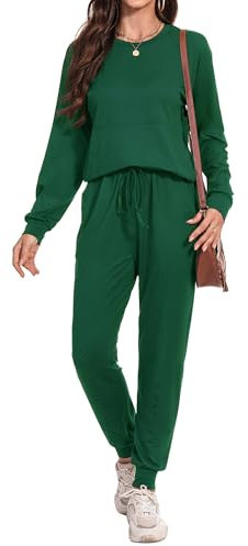 Irevial Damen Trainingsanzug Jogginganzug 2 Stücke Set Langarm Top/Hose Lose Homewear Pyjama Set mit Taschen Grün L
