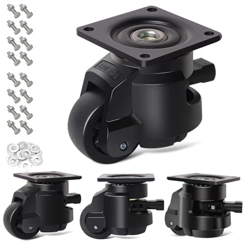 RRIUTO Leveling Castors with Adjustable Ratchet Handle, 4 Heavy Duty Furniture Castors up to 1000kg, 50MM Retractable Transport Wheels Swivel Castors 360° Rotation, Industrial Castors for Workbenches