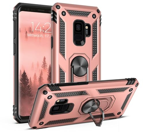 LBH Outdoor Hülle für Samsung Galaxy S9 Armor Militär Stoßfest Handyhülle 360 Grad Metal Ring Halter Ständer Schutzhülle für Handyhalterung Auto Magnet Rosegold