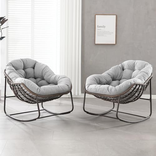 Villeston Outdoor Patio Schaukelstuhl-Set aus 2, Überdimensionierter Papasan-schaukelsessel für Innen mit Gepolstertem Kissen - Ei-Schaukelstuhl für Wohnzimmer, Veranda, Garten, Terrasse, Hinterhof