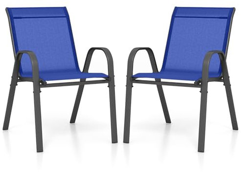 COSTWAY Lot de 2/4 Chaises de Jardin Exterieures avec Cadre en Métal, Chaise de Salle à Manger Empilable en Tissu Respirant, Fauteuil d'Extérieur pour Cour, Balcon, Piscine, Charge 150 KG (Bleu,2)