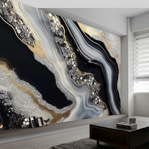 3D Wall Mural Marble Black and White Stripe Geometry Print Photo Wallpaper, Black and Gold Non-Woven Wall Mural Decoration Poster Picture Design Modern 400 x 280 cm Mural for Living Room Kids Bedroom