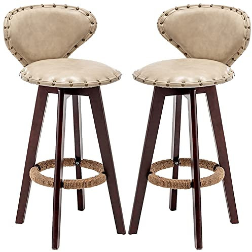 Retro Swivel High Chairs with Brass Nail Seat Back and Hemp Rope Footrest - 2 Pcs Solid Wood Bar Chair for Kitchen Dining Room