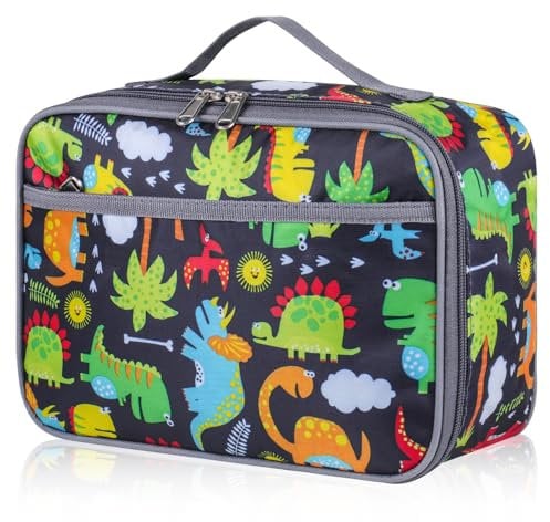 TIECHI Insulated Lunch Bag Kids, Thermal Reusable Small Lunch Bag for Boys & Girls, Water-Resistant Leakproof Cool Bag Lunch Box Bag for School, Picnic, Outdoor (Black Dinosaur)