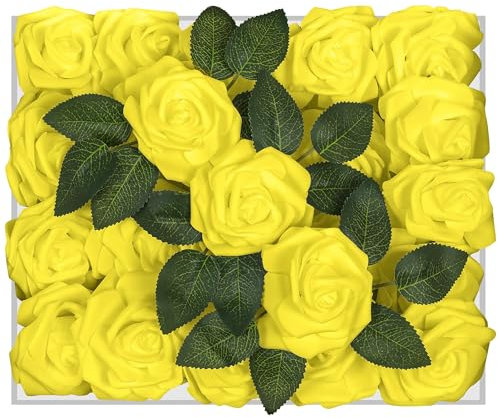 Petalscentusia Artificial Roses 25 pcs Fake Roses with Stems and 20 Leaves Foam Latex for Wedding Bouquets, Valentine's Day, Home Décor, and Party Decorations (Yellow Roses)