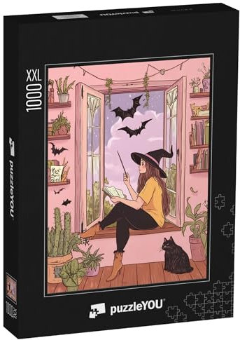 Puzzle 1000 Teile XXL „Hexe sitzt am Fenster, Halloween“