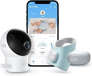 eufy Baby S340 Smart Sock Babyphone, 2,4 GHz WLAN, Überwachung von Schlafmustern, Nickerchen, Puls & Blutsauerstoff, 2K-Kamera, KI-Weinerkennung, Ohne Monatliche Gebühren(Generalüberholt)