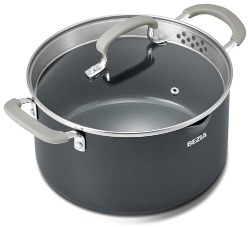 6 Quart Nonstick Stock Pot with Lid, BEZIA PFAS-Free Ceramic Soup Pot, Multipurpose Pasta Pot with Strainer Lid, Induction Cooking Pot, Silicone Handle, Compatible with All Cooktops, Dishwasher Safe