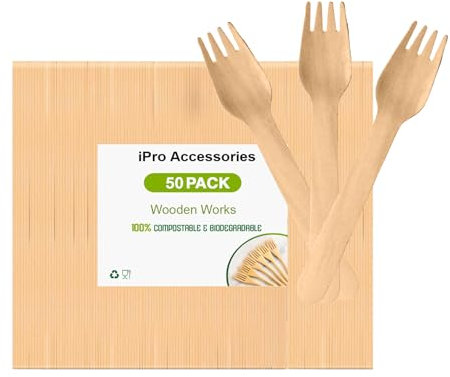 iPro Accessories Pack of 50 Wooden Disposable Fork Biodegradable & Plastic Free Wooden Forks - Ideal for Wedding, Picnic, Party, Office Eco Friendly (Forks)