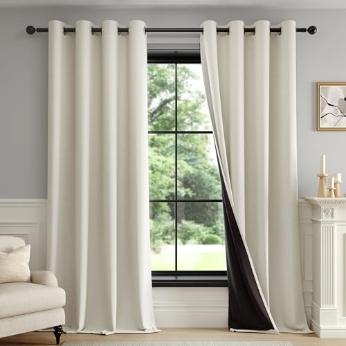 Fmfunctex Beige Blackout Curtains for Bedroom 54 Inch Drop Geometric Weave Textured Eyelet Curtains for Living Room Thermal Insulated Window Curtain Drapes 2 Panels