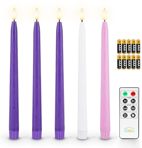 Fanna 5 Advent Flameless Taper Candles with Timer for Advent Wreath, Battery Operated Christmas LED Candlesticks Real Wax Finished, Remote & Batteries Included - H 28cm